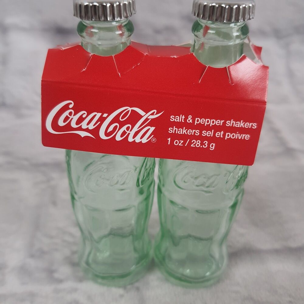 Coca-Cola Green Glass Bottle Shaped Salt and Pepper Shakers NEW 4.5 Inch